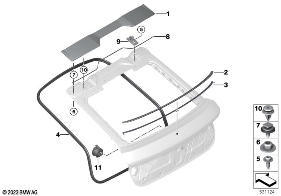 Diagram Trunk lid, mounting parts for your BMW