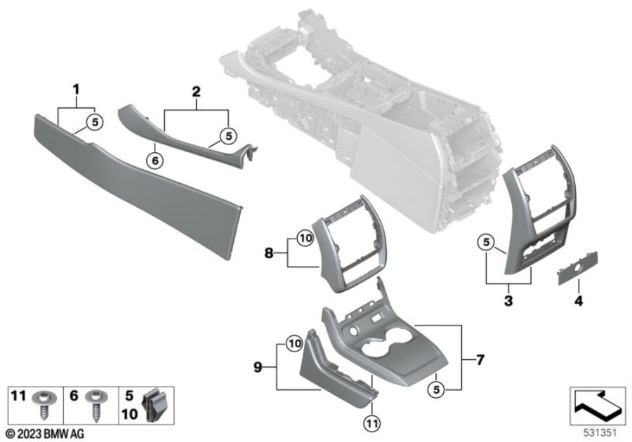 Diagram Mounting parts, center console for your BMW