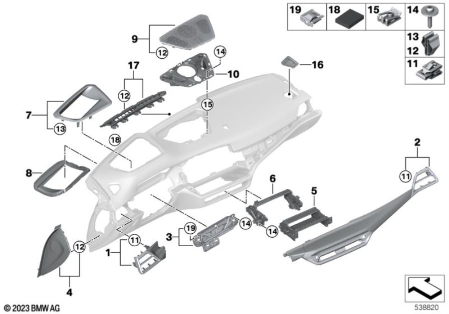 Diagram Mounting parts, I-panel, top for your BMW