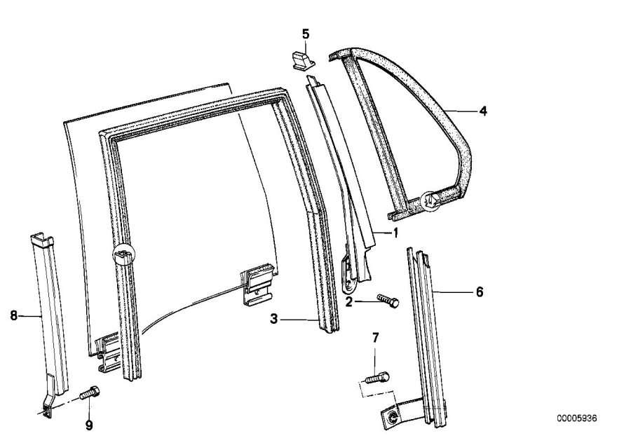 Diagram Window guide, rear for your 1985 BMW 318i Automatic Sedan 