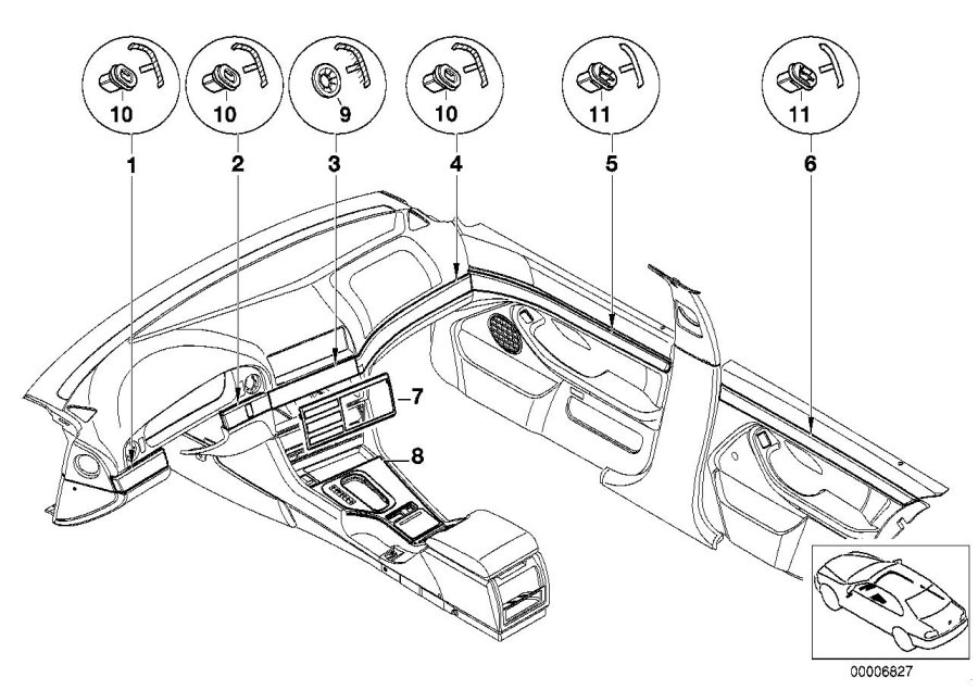 Diagram Fine wood trim, Vavona high-polished for your 1988 BMW M6   