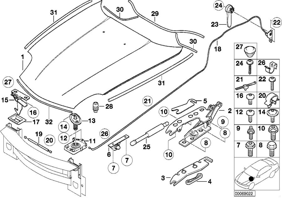 Diagram Engine HOOD/MOUNTING parts for your 2013 BMW 328iX   