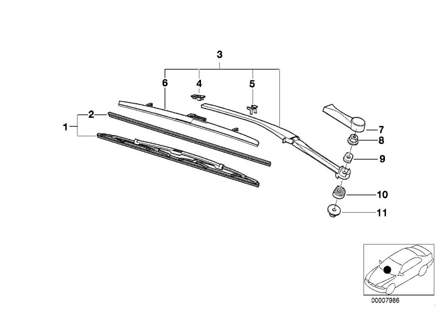 Diagram Left wiper ARM/WIPER blade for your 2005 BMW 325i   