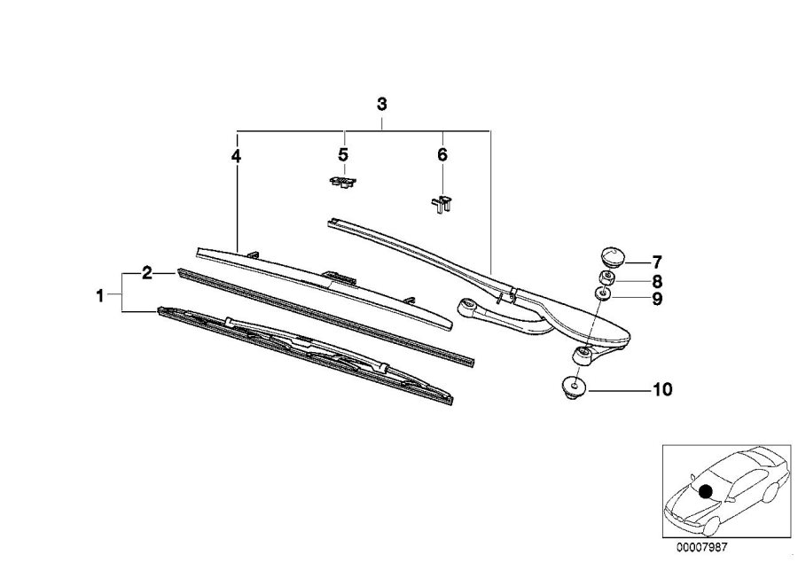 Diagram Right wiper ARM/WIPER blade for your 2007 BMW 323i   
