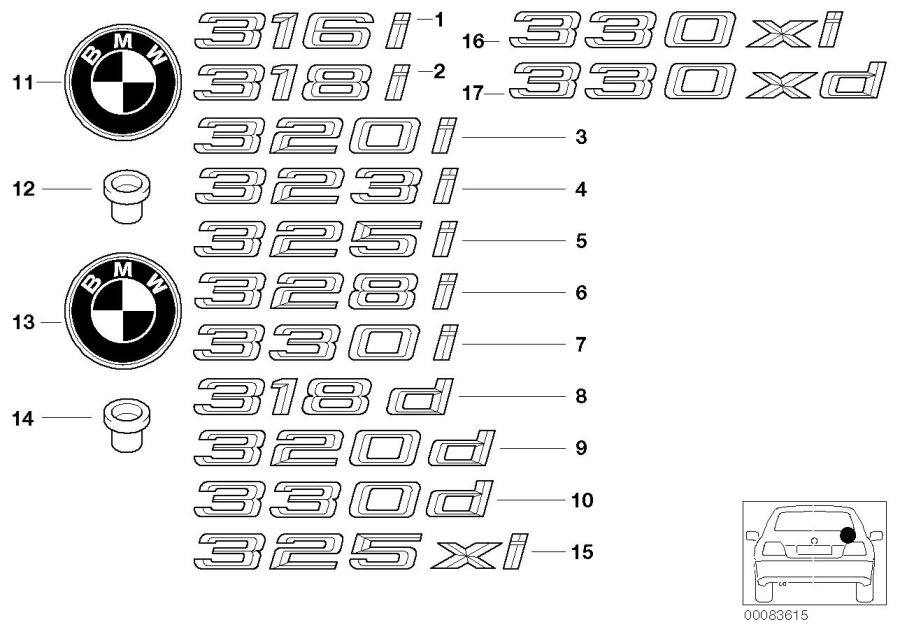 Diagram Emblems / letterings for your BMW 330i  