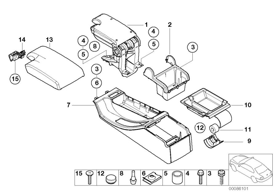 Diagram Center console/armrest,support,trim pan. for your BMW