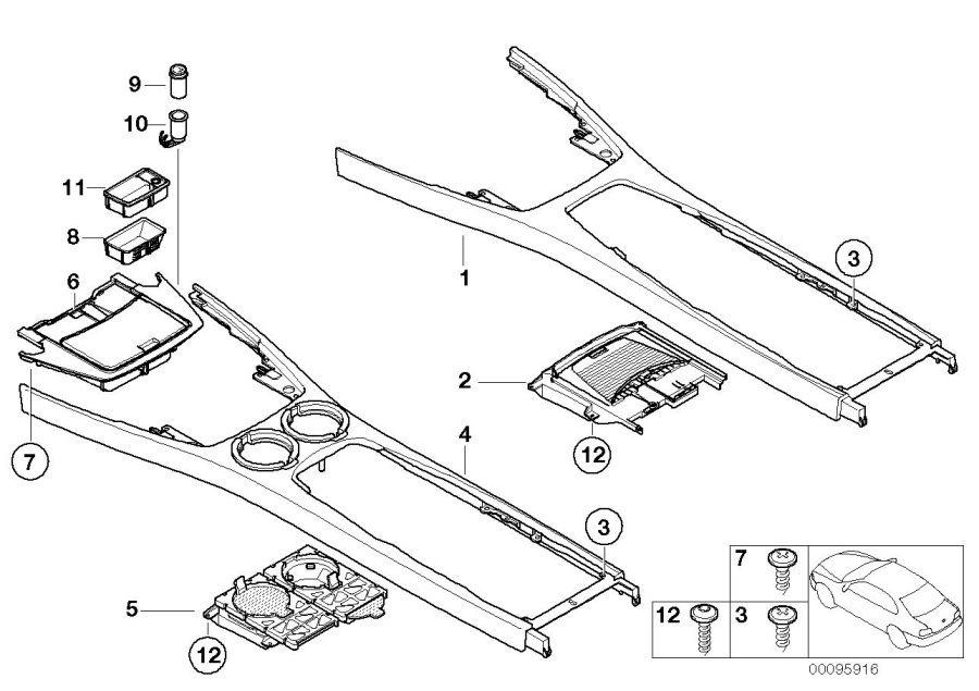 Diagram Mounting parts, center console for your BMW