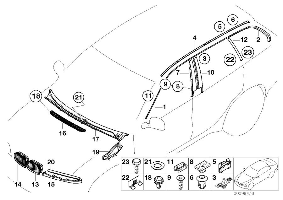Diagram Exterior trim / grill for your 2001 BMW Z3   