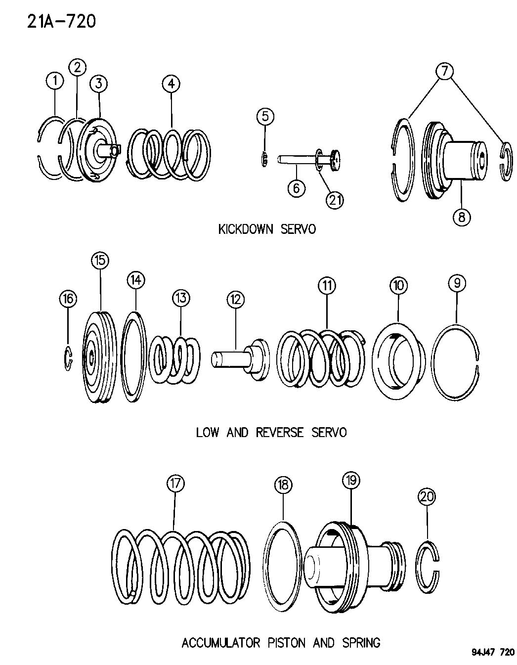 Full size assembly image of SERVOS, ACCUMULATOR PISTON AND SPRING AUTOMATIC TRANSMISSION, 3 SPEED, 30RH WRANGLER YJ - CHEROKEE XJ (1/1)