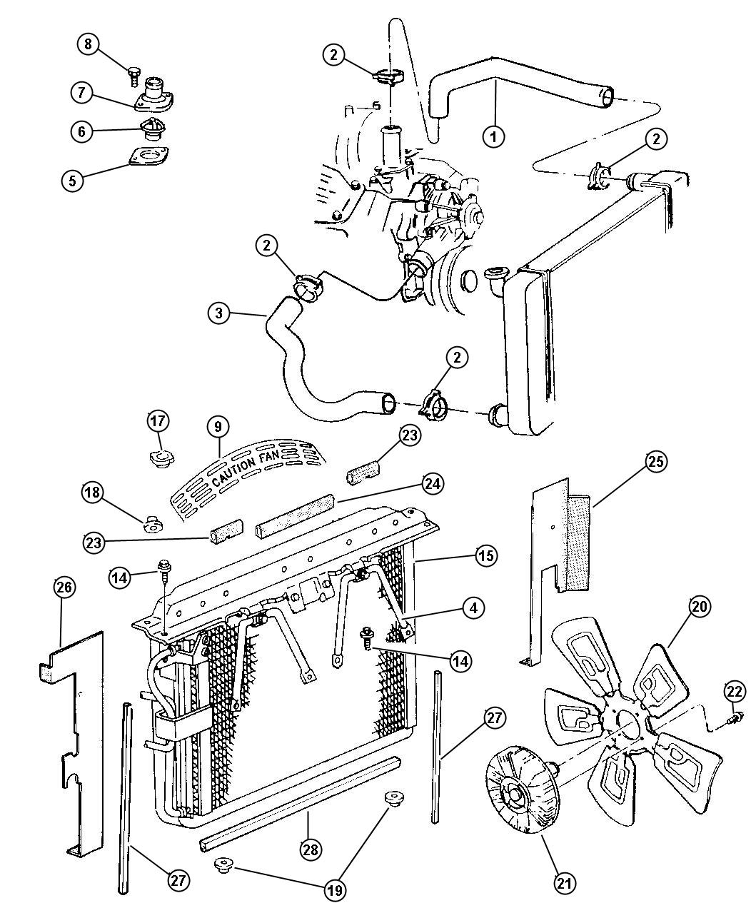 Diagram Radiator And Related Parts 5.2L And 5.9L Engine. for your Jeep