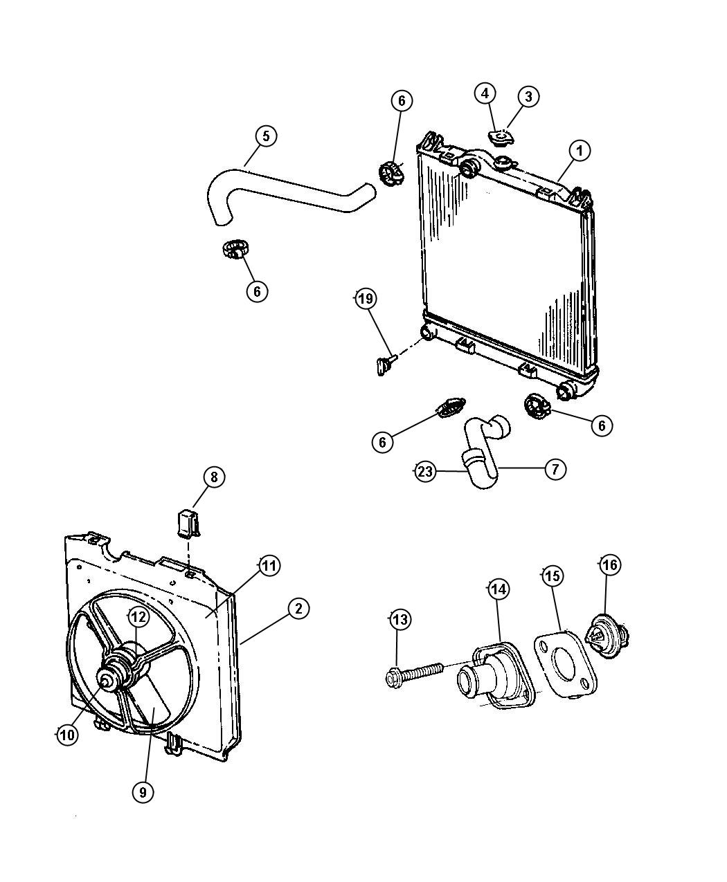 Diagram Radiator and Related Parts 2.5L Gas/Diesel Engine. for your Dodge