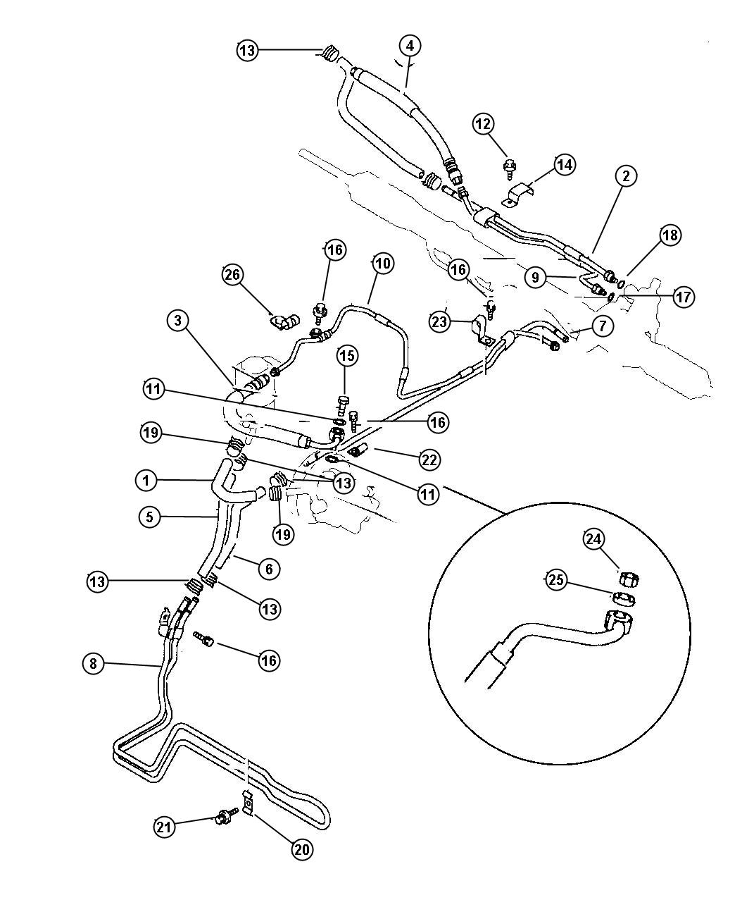 Diagram Hose And Attaching Parts, Power Steering W/2.0L, W/2.5L Engine W/O Turbo. for your Chrysler