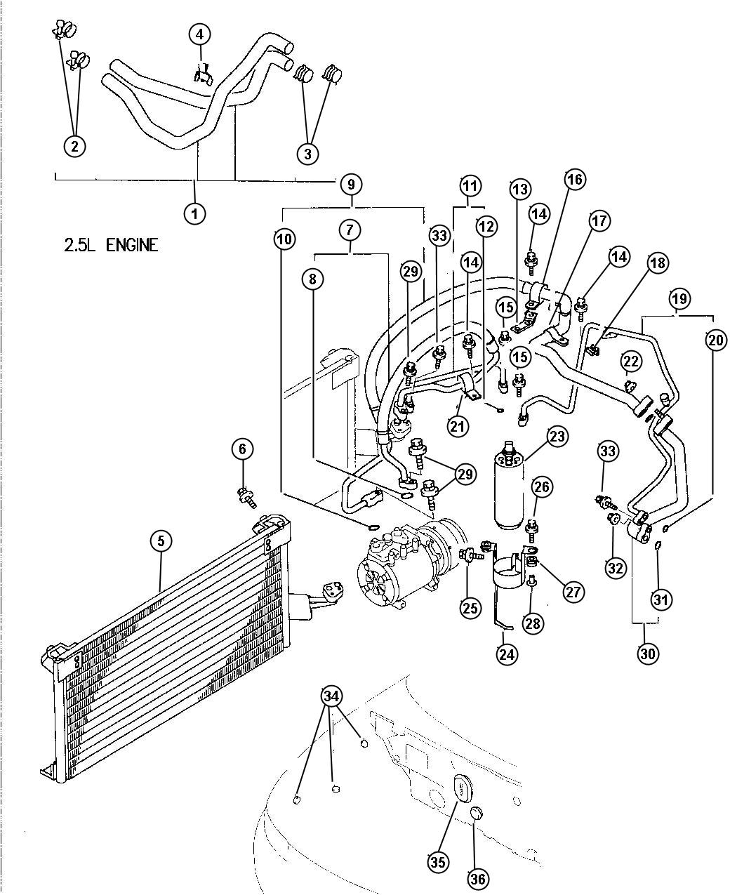 Condenser, Plumbing and Hoses 2.5L Engine. Diagram