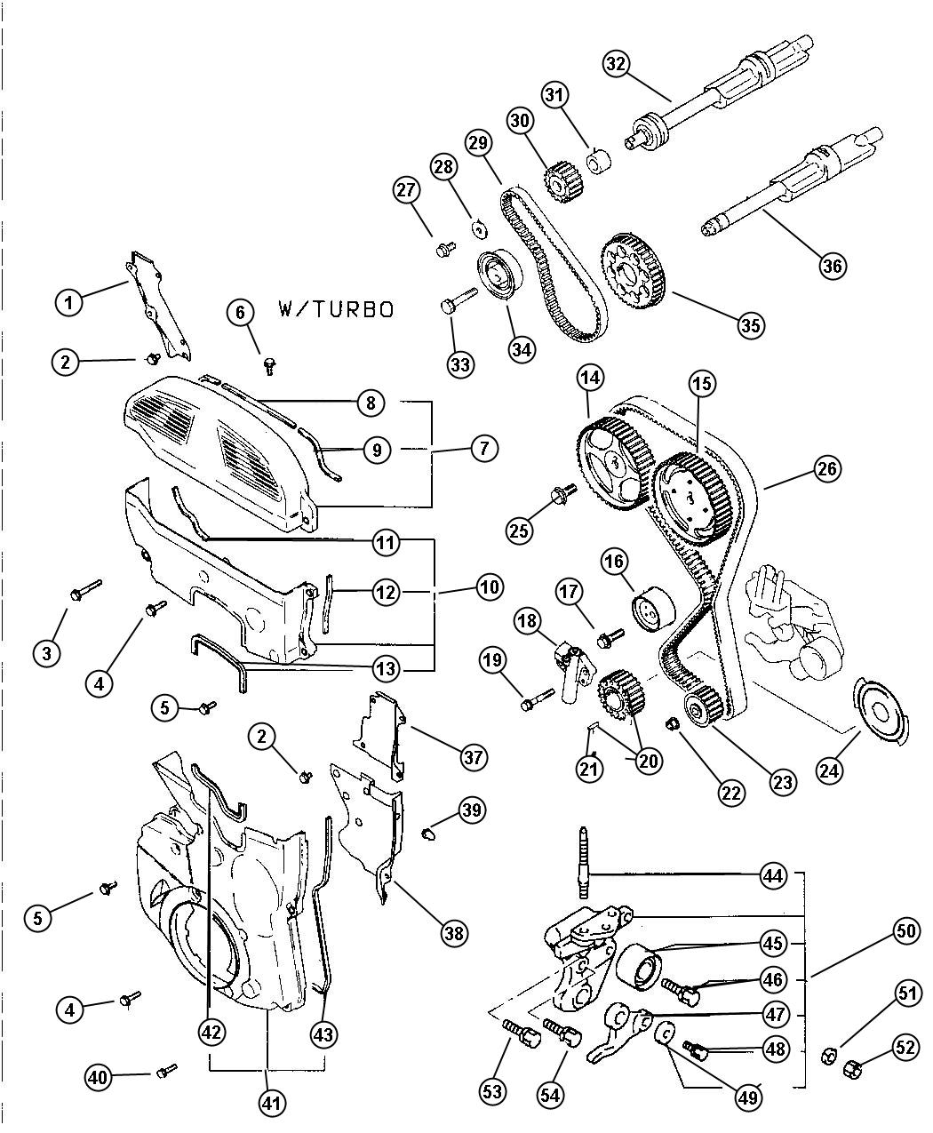 Diagram Timing Belt, Cover And Balance Shafts 2.0L (EBG) Turbo. for your Dodge