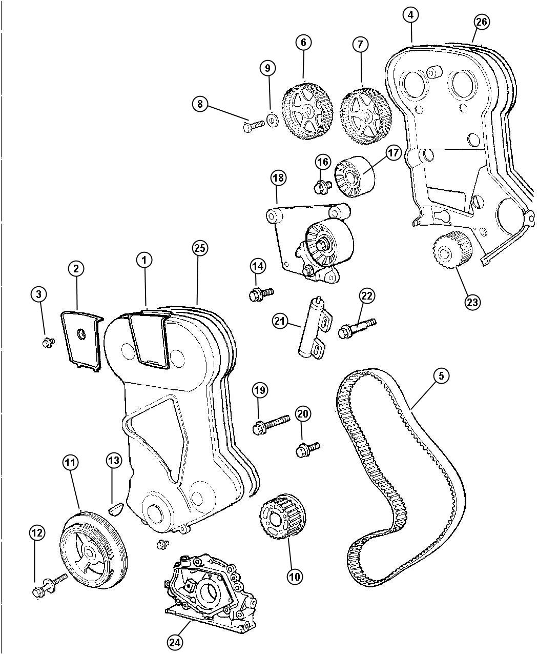 Diagram Timing Belt, Cover, And Balance Shaft 2.0L DOHC FE (ECF). for your Chrysler 300  M