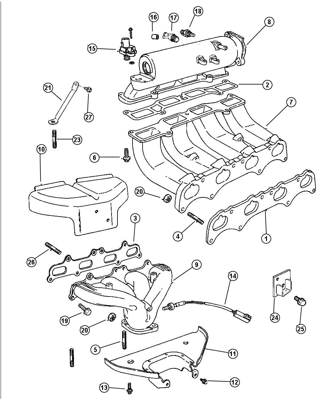 Diagram Manifolds, Intake and Exhaust 2.0L DOHC FE (ECF). for your 2000 Chrysler 300 M  