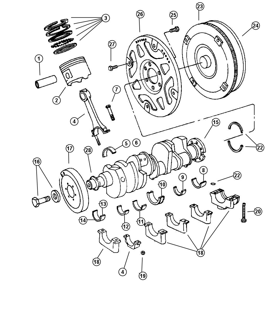 Crankshaft, Piston and Torque Converter. Diagram