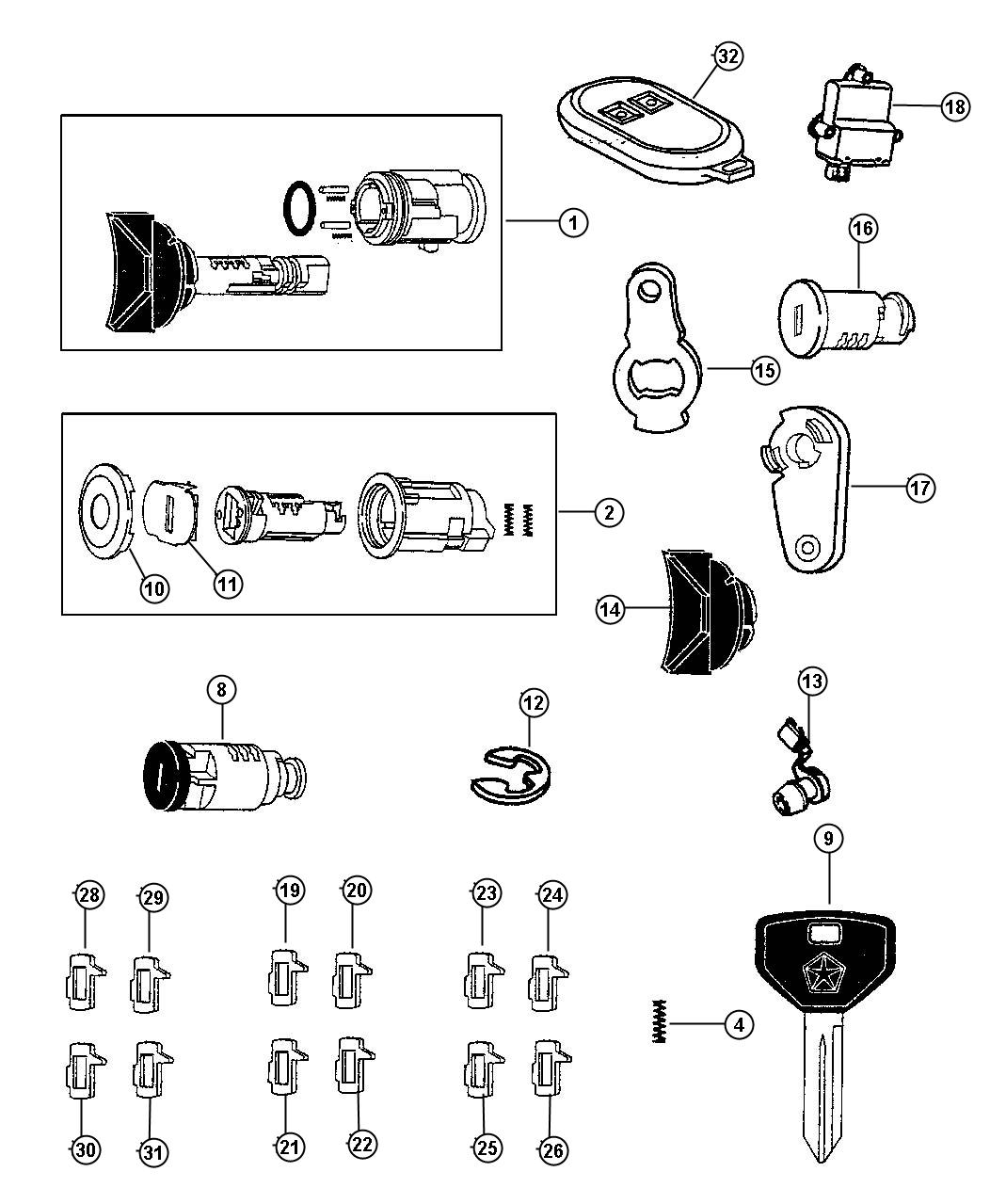 Diagram Lock Cylinders and Keys. for your Jeep Wrangler  