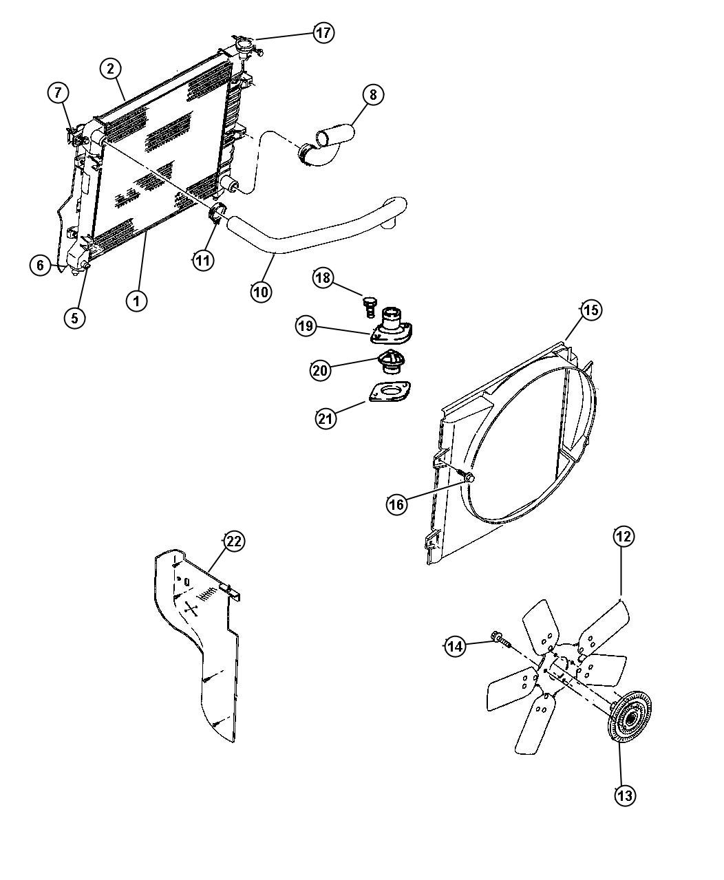 Radiator And Related Parts 5.9L Engine. Diagram