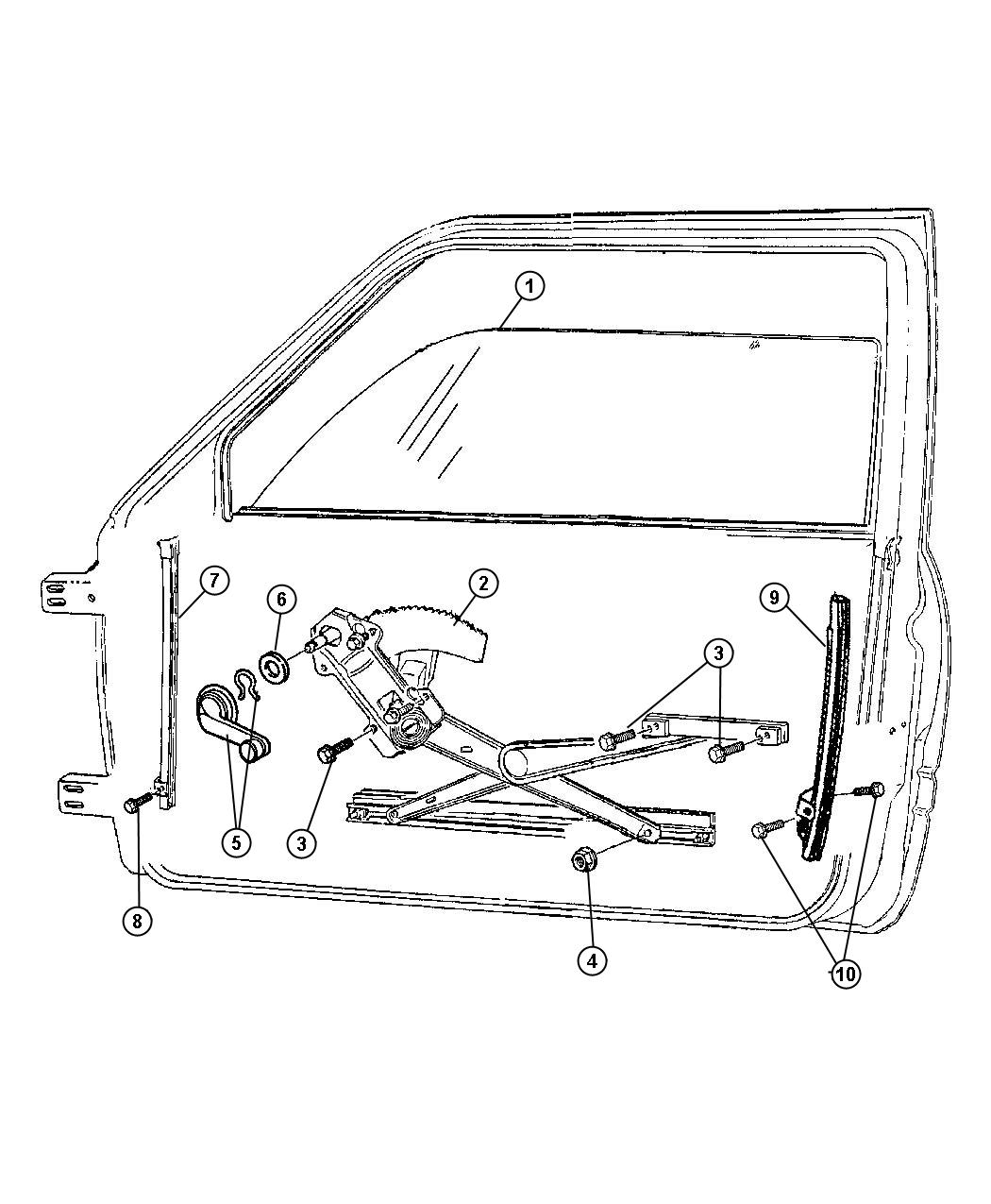 Full size assembly image of Door, Front Glass and Regulators. (1/1)