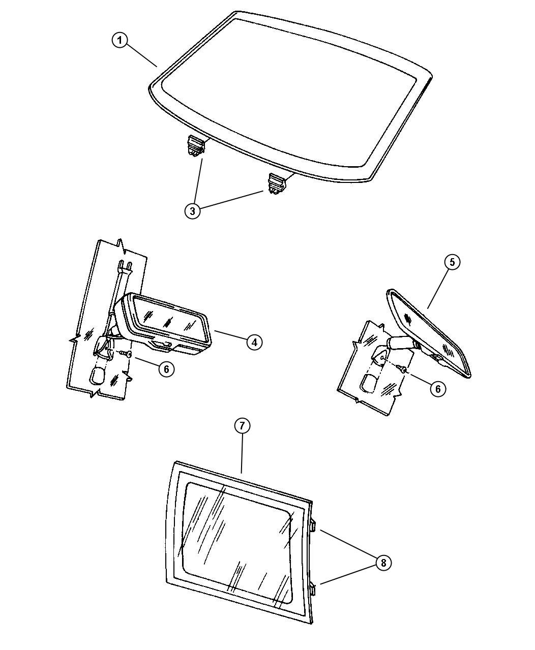 Glass, Windshield, Quarter Window and Rear View Mirror. Diagram