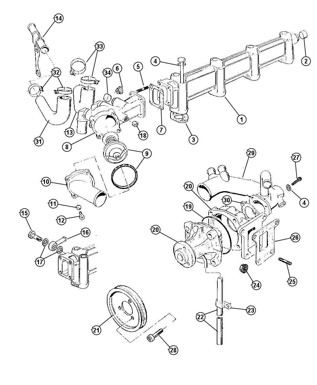 Diagram Water Pump and Water Manifold, 2.5L Diesel Engine. for your 2000 Jeep Cherokee SPORT 4-DR 4.0L Power Tech I6 A/T 