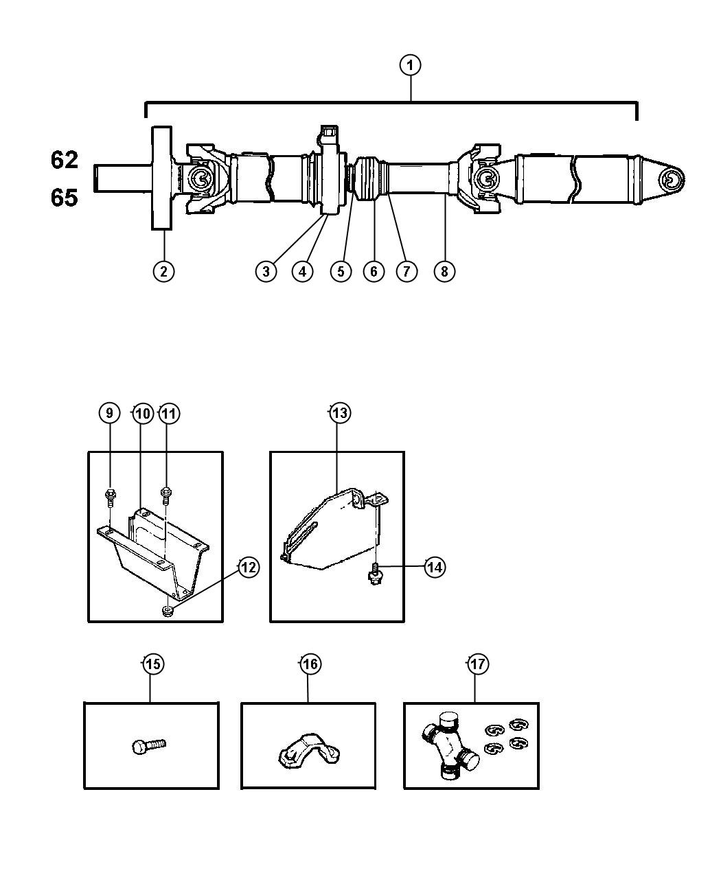 Diagram Shaft,Propeller,Rear,2 Piece,Body 62,65,BR 1,2,3. for your Dodge Ram 1500  