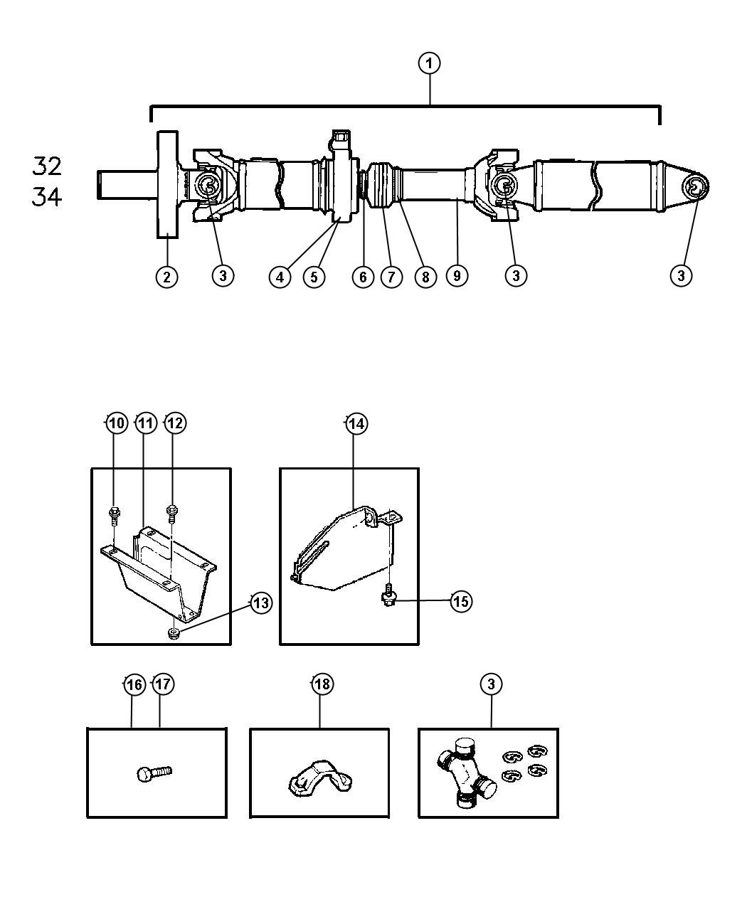 Diagram Shaft,Propeller,Rear,2 Piece,Body 32,34,BE 1,2,3,6,7,8. for your Dodge Ram 1500  