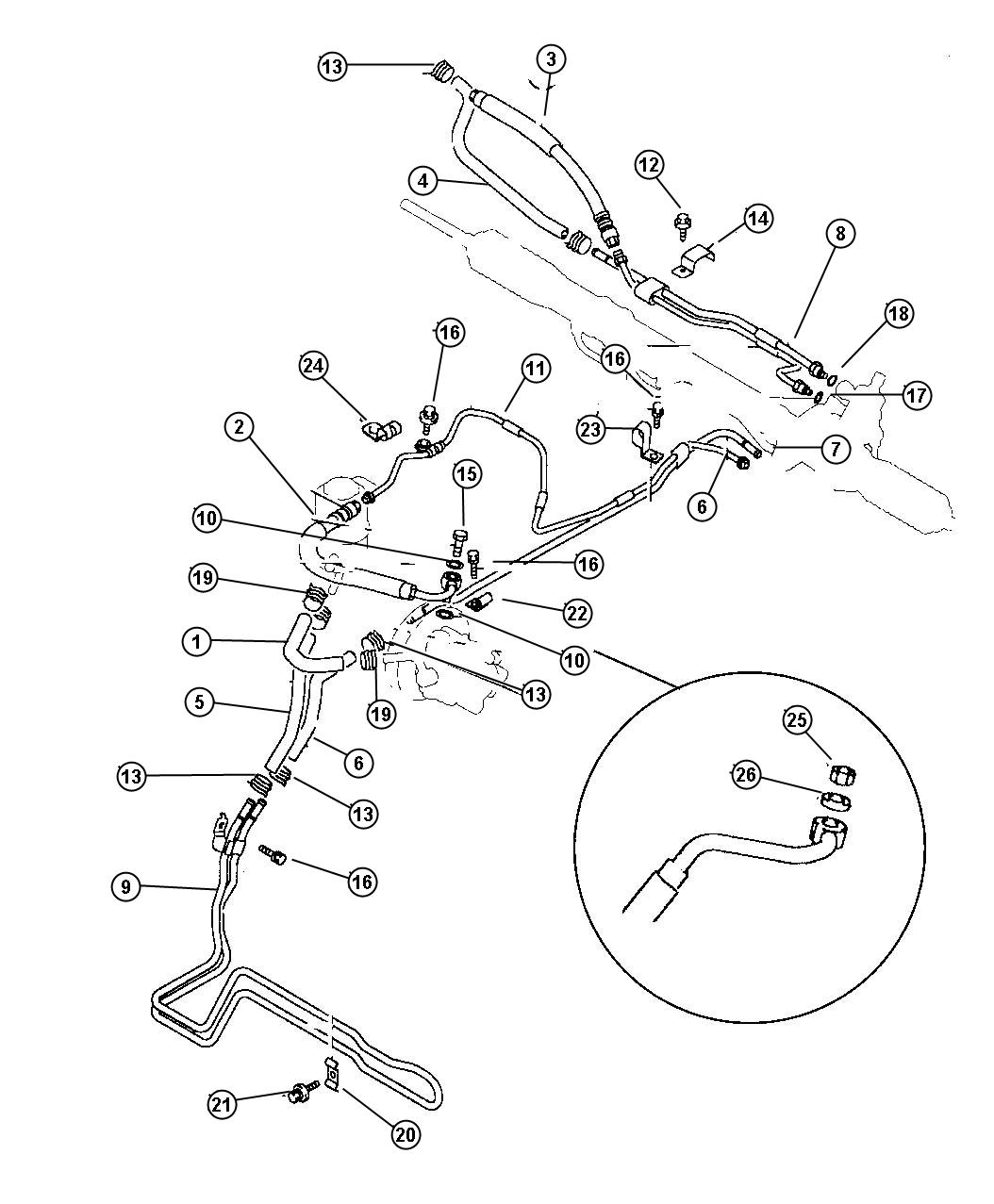 Diagram Hose And Attaching Parts, Power Steering, 2.0L, 2.5L Engine, w/o Turbo. for your Chrysler