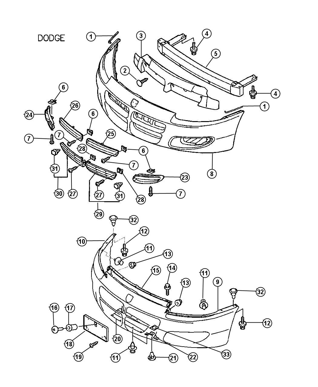 Diagram Front Bumper and Fascia - Dodge. for your 2000 Chrysler 300  M 