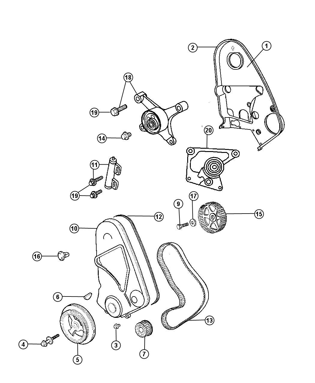 Diagram Timing Belt and Cover 2.0L [ENGINE - 2.0L 4 CYL SOHC 16V SMPI],[2.0L I4 SOHC 16V HI PERF ENGINE]. for your Dodge Neon  