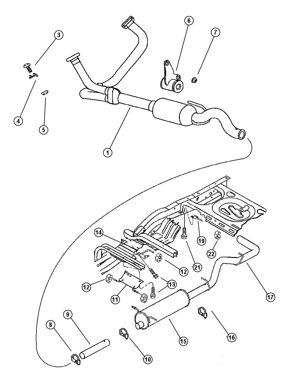 Diagram Exhaust System, 3.9 (EHC), 4.7 (EVA), 5.9 (EML). for your 2009 Dodge Ram 3500   