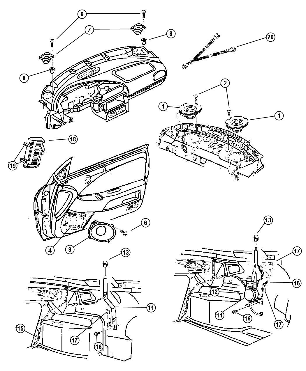 Diagram Speakers, Antenna, and CD Changer. for your 1999 Chrysler Concorde   