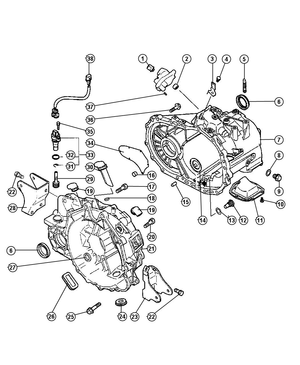 Case, Transaxle and Related Parts - 6 Cylinder. Diagram