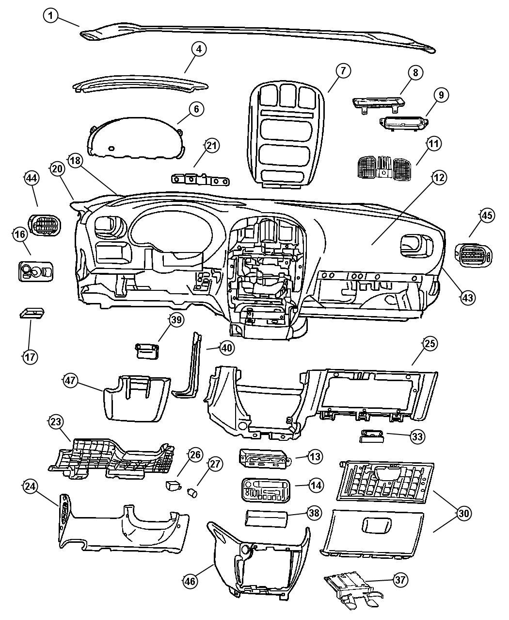 Diagram Instrument Panel Panel--silencers--covers. for your 2001 Dodge Grand Caravan   