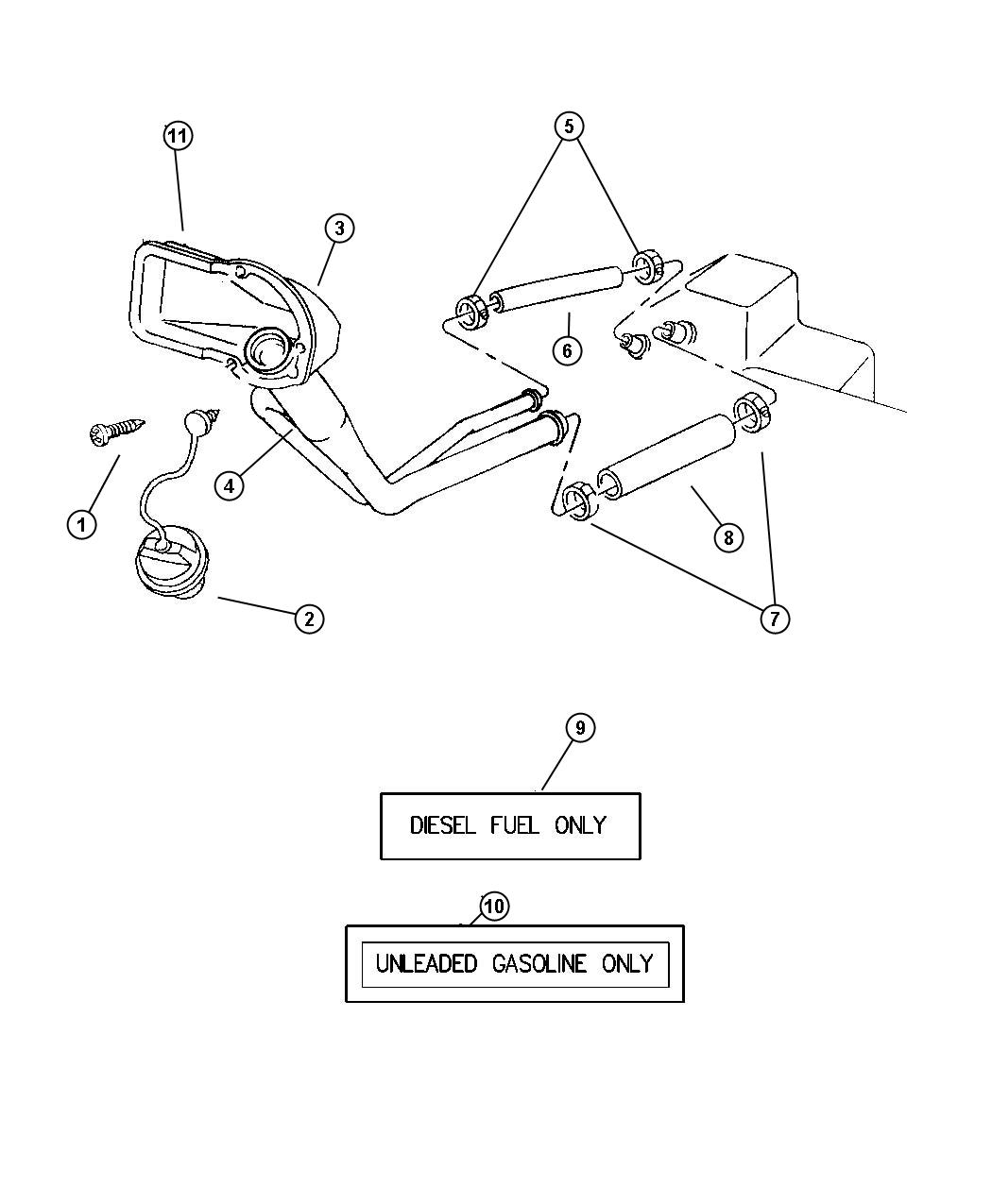 Diagram Fuel Filler Tube, 5.2L (ELF), 5.9L (EML), 5.9L HD (EMM), 5.9L Diesel (ETC,ETH), 8.0L (EWA). for your Dodge Ram 1500  