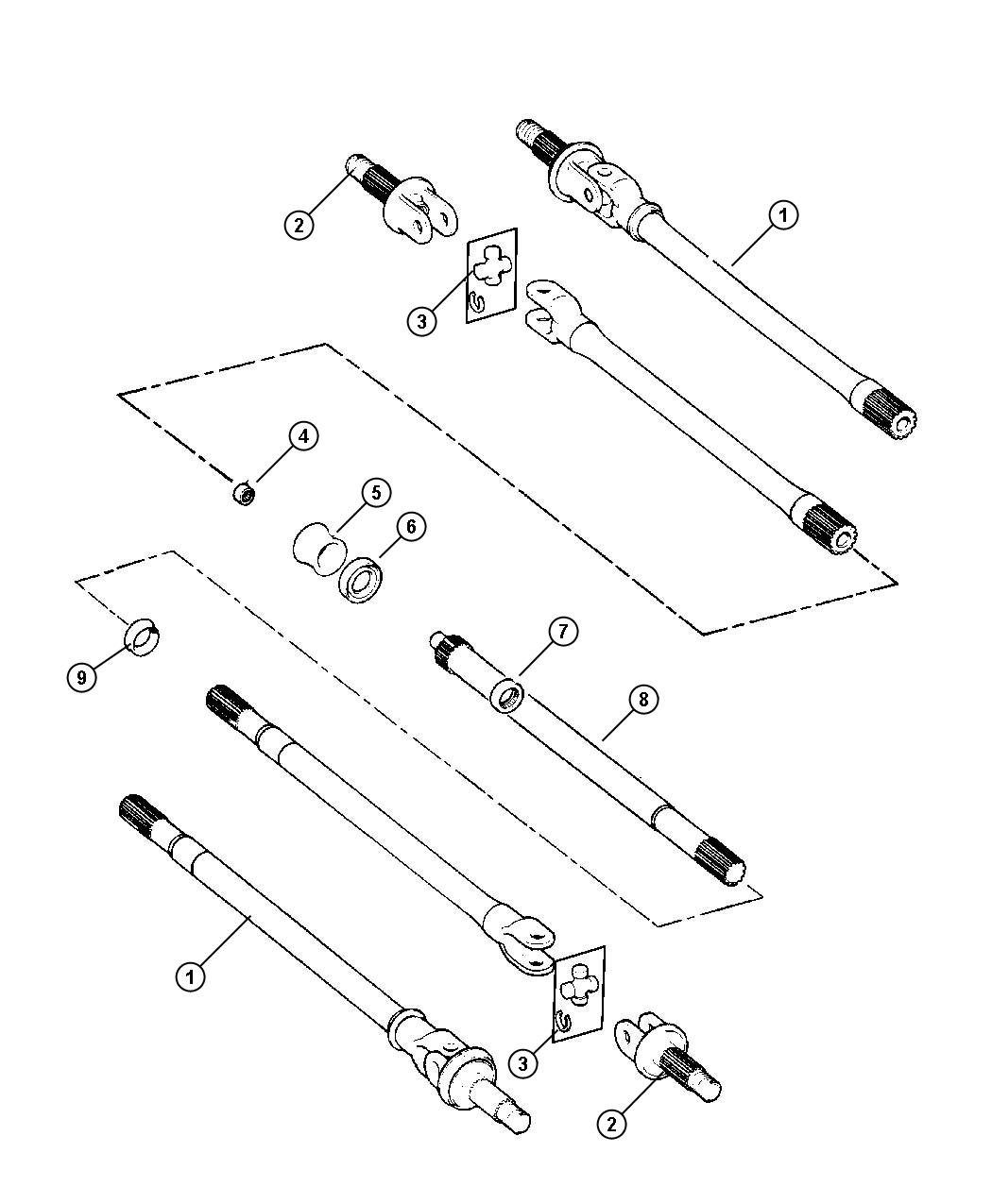 Diagram Front Axle Shafts,Dana M44/216MM [FRONT AXLE - DANA M44F / 216MM FBI],M60/248MM [FRONT AXLE - DANA M60F / 248MM FBI],BE 6,7,8. for your Dodge Ram 1500  