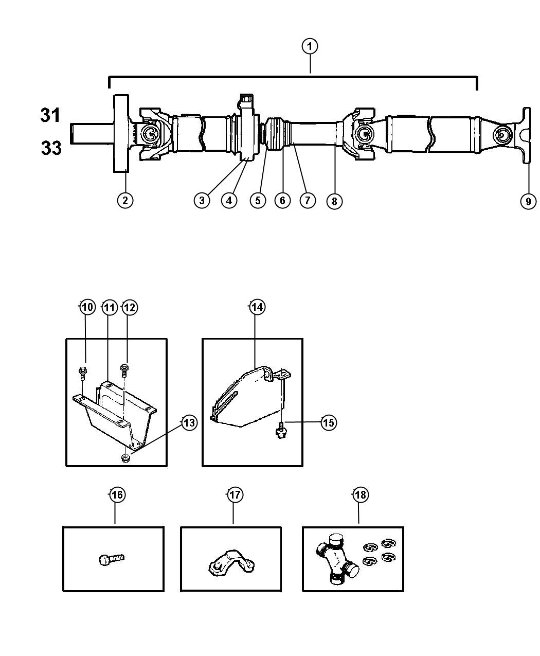 Diagram Shaft,Propeller,Rear,2 Piece,Body 31,33,BE 1,2. for your 2001 Dodge Ram 1500   