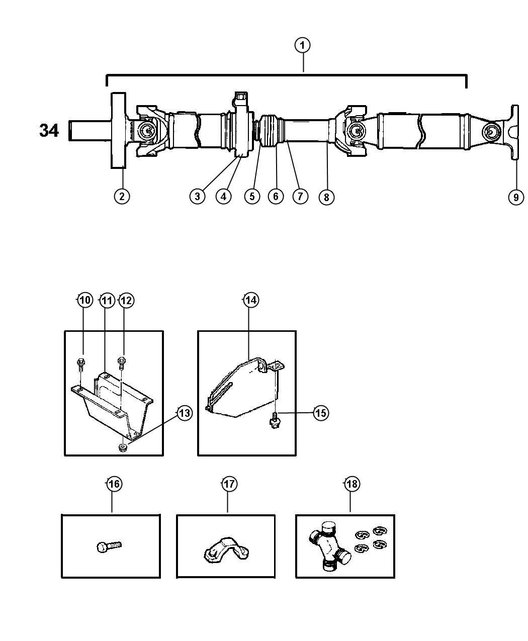 Diagram Shaft,Propeller,Rear,2 Piece,Body 34,BE 1,2,3,6,7,8. for your 2001 Dodge Ram 1500   