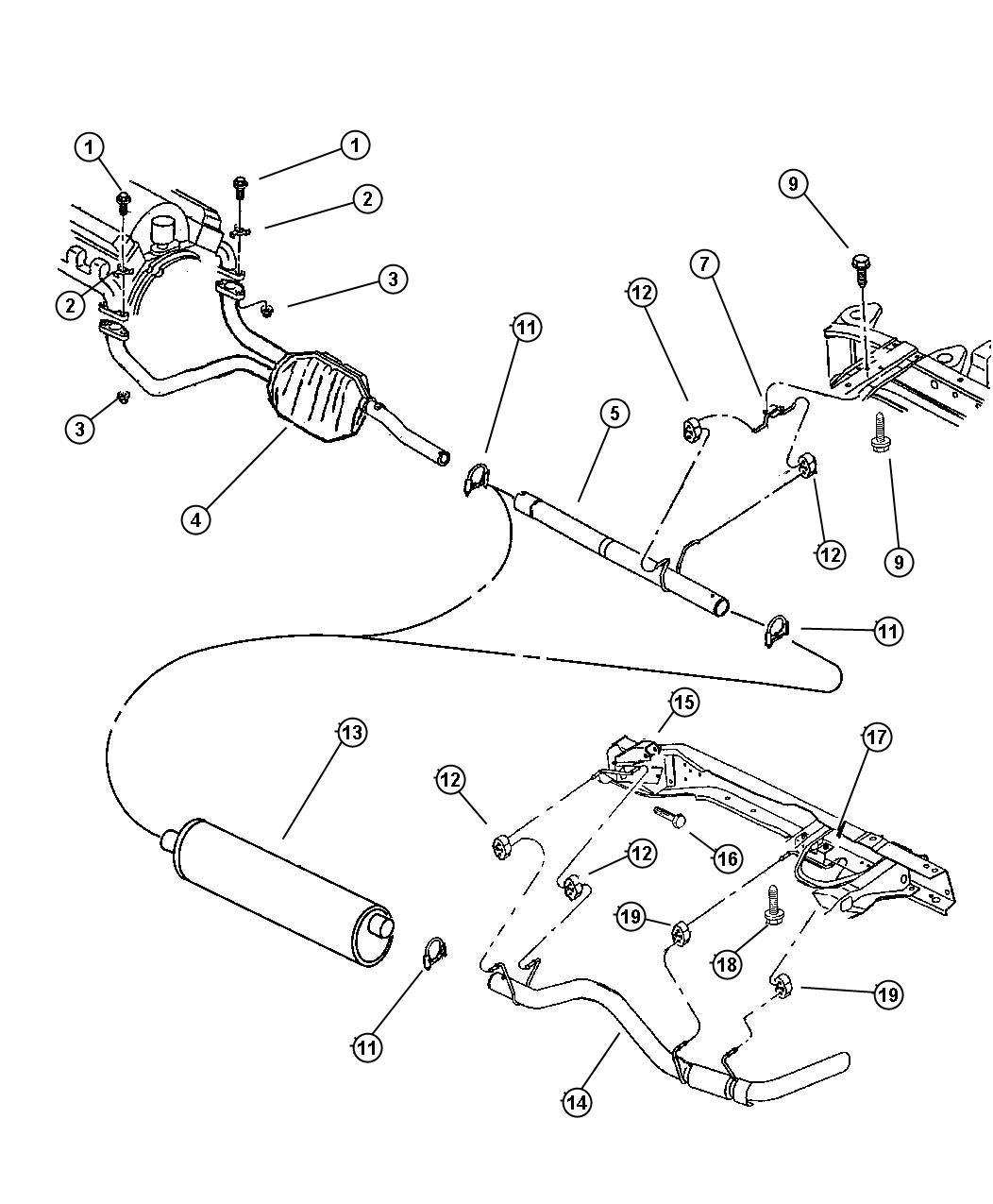 Diagram Exhaust System, 3.9L [ENGINE - "MAGNUM" 3.9L SMPI V6], 5.2L [ENGINE - 5.2L V8 MPI],5.9 L Light Duty [ENGINE - 5.9L V8 MPI]. for your 2009 Dodge Ram 3500   