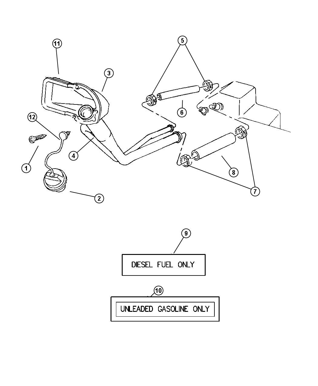 Diagram Fuel Filler Tube, 3.9L [ENGINE - "MAGNUM" 3.9L SMPI V6], 5.2L [ENGINE - 5.2L V8 MPI], 5.9L [5.9L V8 MPI ENGINE], 5.9L [5.9L V8 SMPI ENGINE], 8.0L [8.0L V10 MPI ENGINE], 5.9L Diesel [[5.9L I6 CUMMINS 24V DIESEL ENGINE,ENGINE- 5.9L HO CUMMINS TURBO DIESEL]]. for your Dodge Ram 1500  