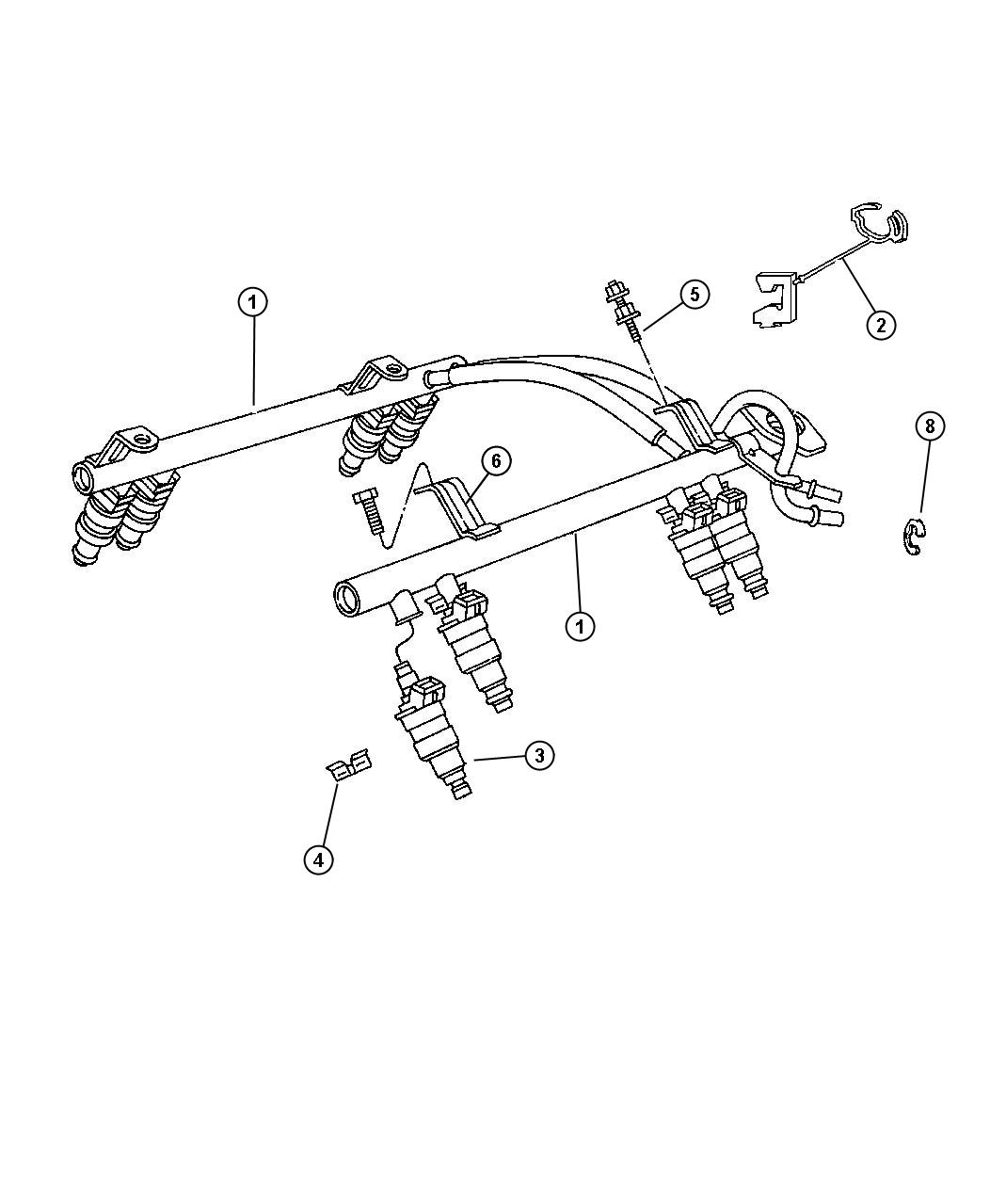 Diagram Fuel Rail, 3.9L [ENGINE - "MAGNUM" 3.9L SMPI V6], 5.2L [ENGINE - 5.2L V8 MPI], 5.9L [ENGINE - 5.9L V8 MPI], 5.9L [ENGINE - "MAGNUM" 5.9L SMPI V8], 8.0L [ENGINE - 8.0L V10 MPI]. for your Chrysler