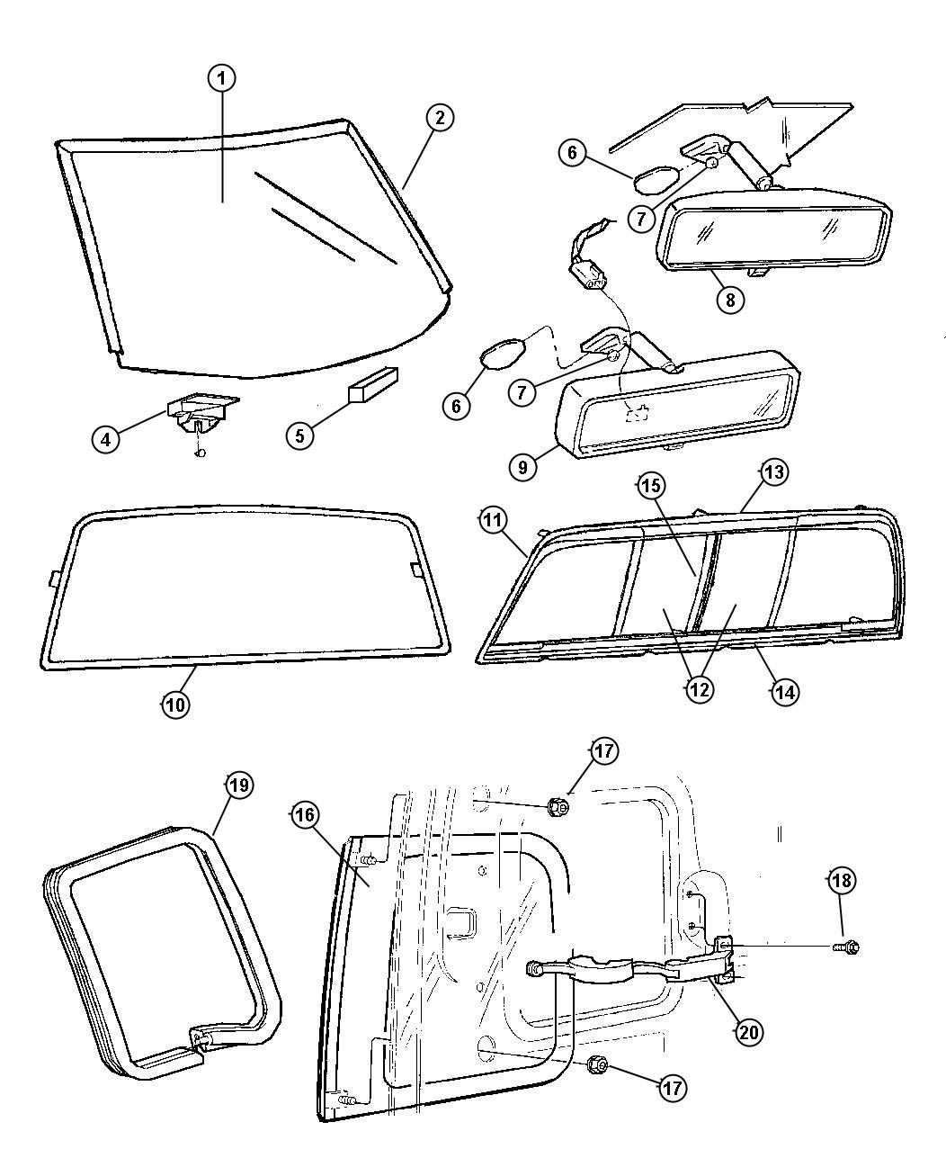 Full size assembly image of Glass, Windshield, Backlite, Quarter, Inside Mirror. (1/1)