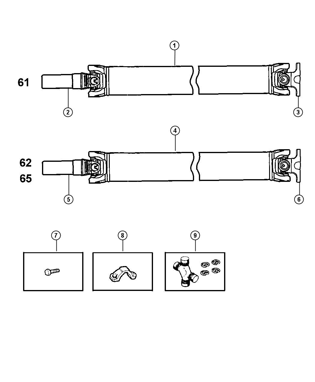 Diagram Shaft,Propeller,Rear,1 Piece,Body 61,62,65,BR 1,2,3,6,7,8. for your 2001 Dodge Ram 1500   