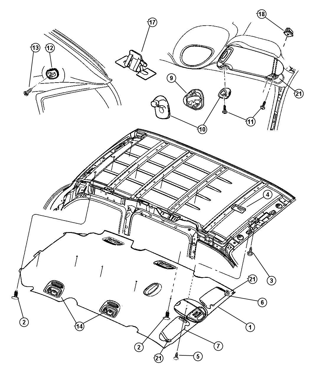 Diagram Headliner and Visor. for your 2002 Chrysler Voyager Base 3.3L V6 A/T 