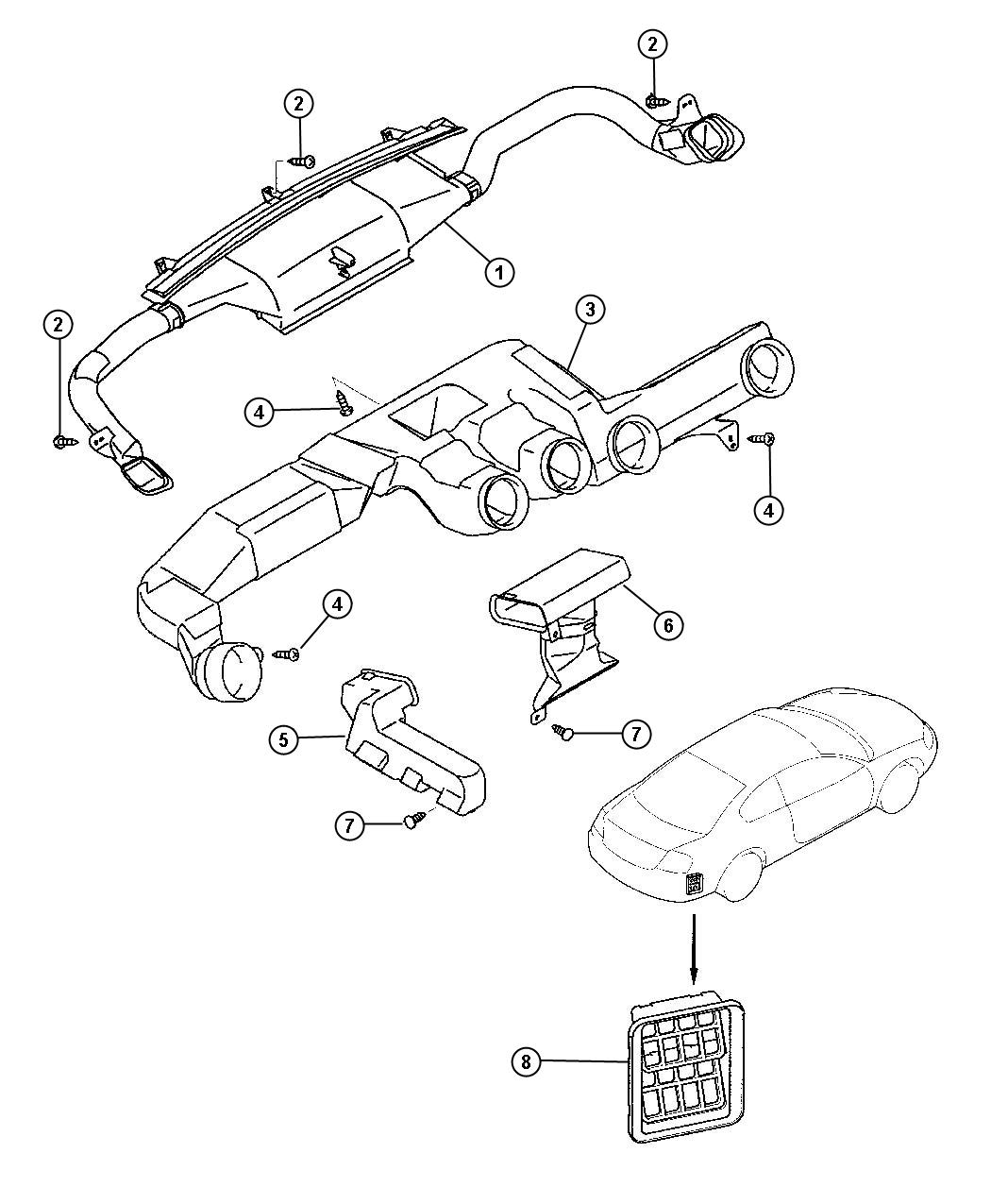 Diagram Defroster and Ventilation Ducts and Outlets. for your 2002 Chrysler Sebring 3.0L V6 M/T LXi 