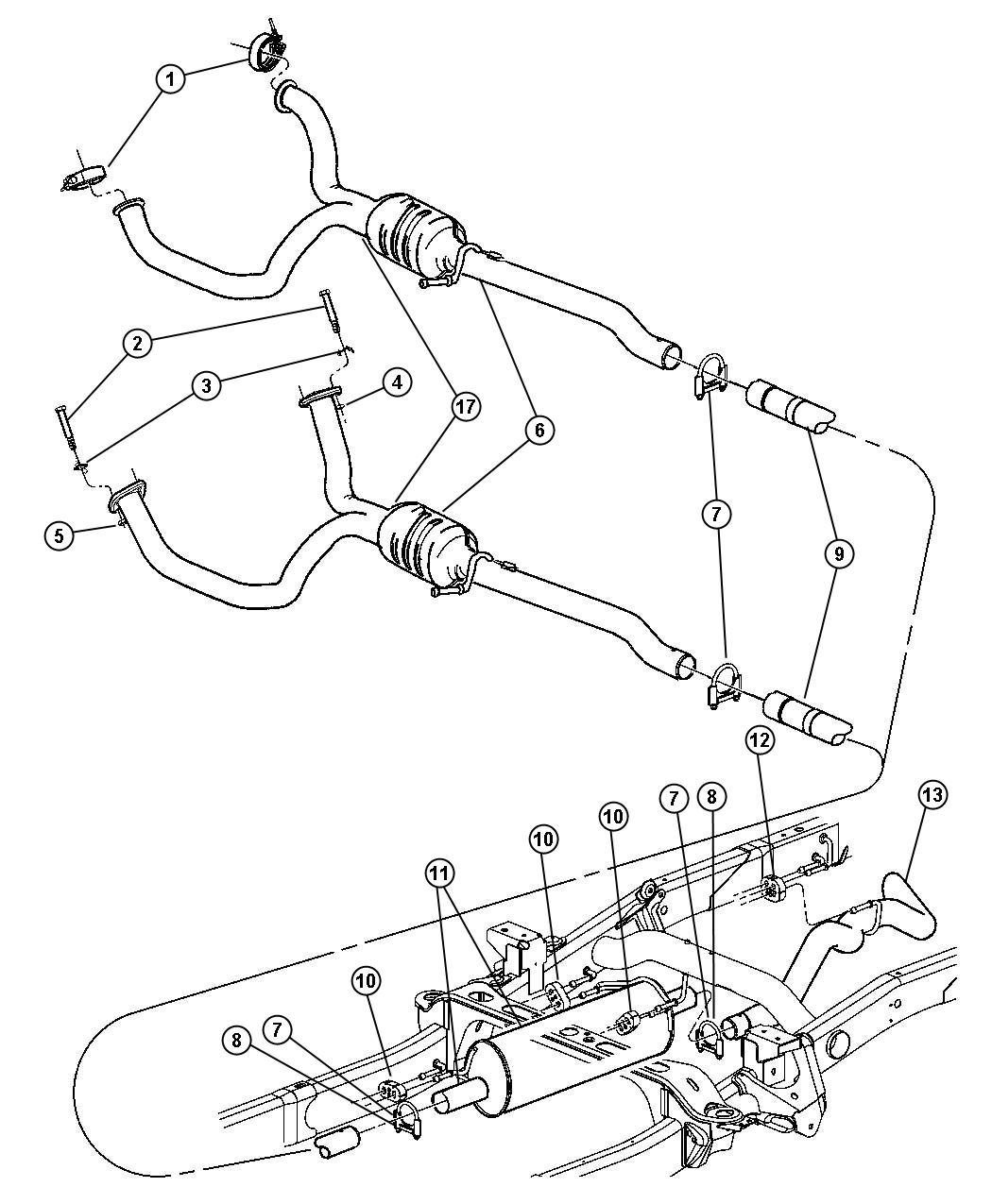 Diagram Exhaust System, 3.7L [Engine - 3.7L V6], 4.7L [Engine- 4.7L V8 MPI], 5.7L [Engine - 5.7L SMPI V8] 5.7L [Engine - 5.7L SMPI V8] 8.0 [Engines - All 8.0L Gas] 5.9L Diesel [ETO]. for your 2006 Dodge Ram 3500   