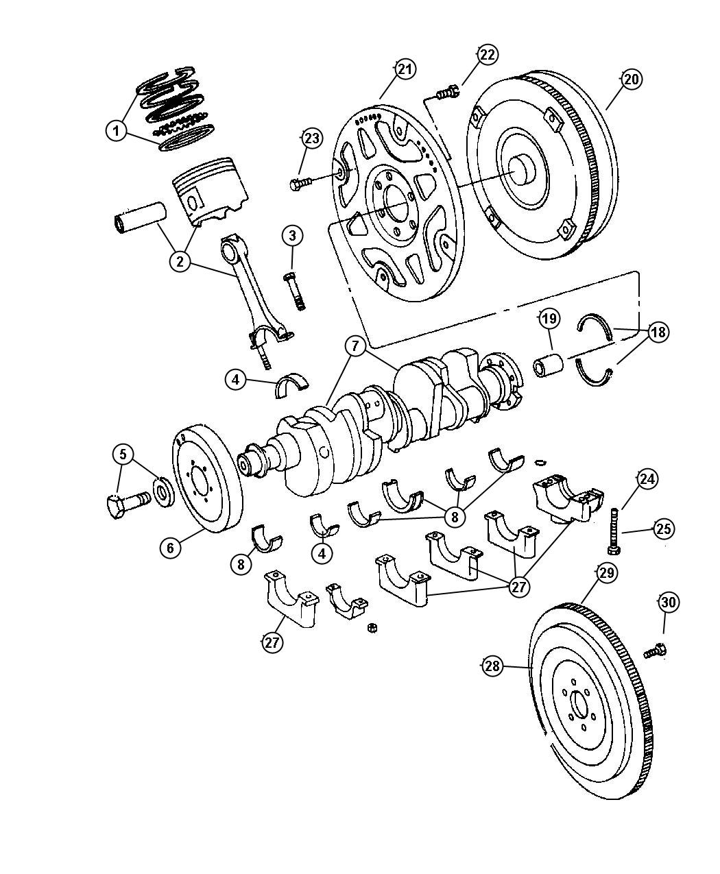 Diagram Crankshaft,Pistons, Bearing Torque Converter and Flywheel. for your 2003 Chrysler 300  M 