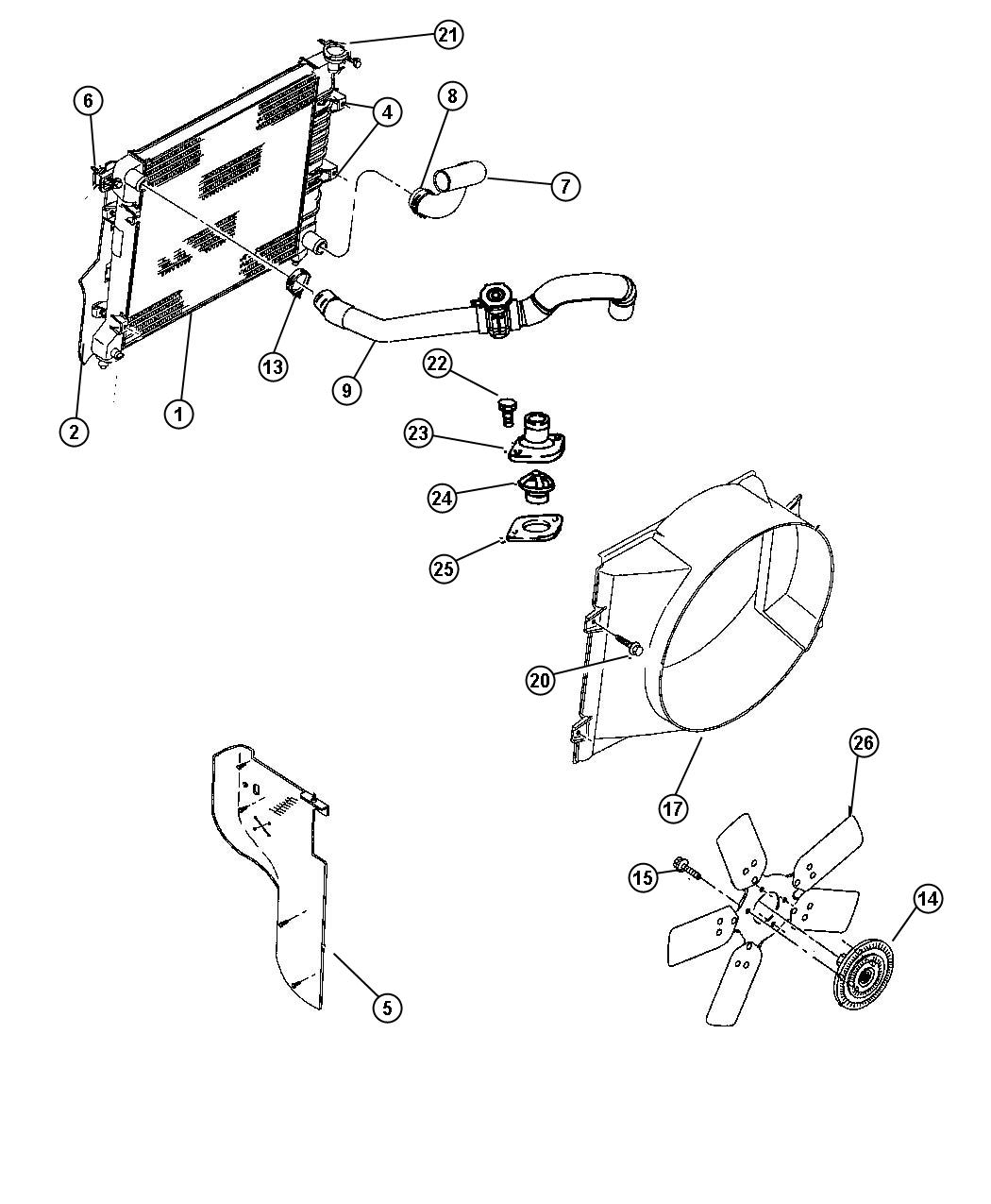 Radiator And Related Parts 3.9L Engine. Diagram