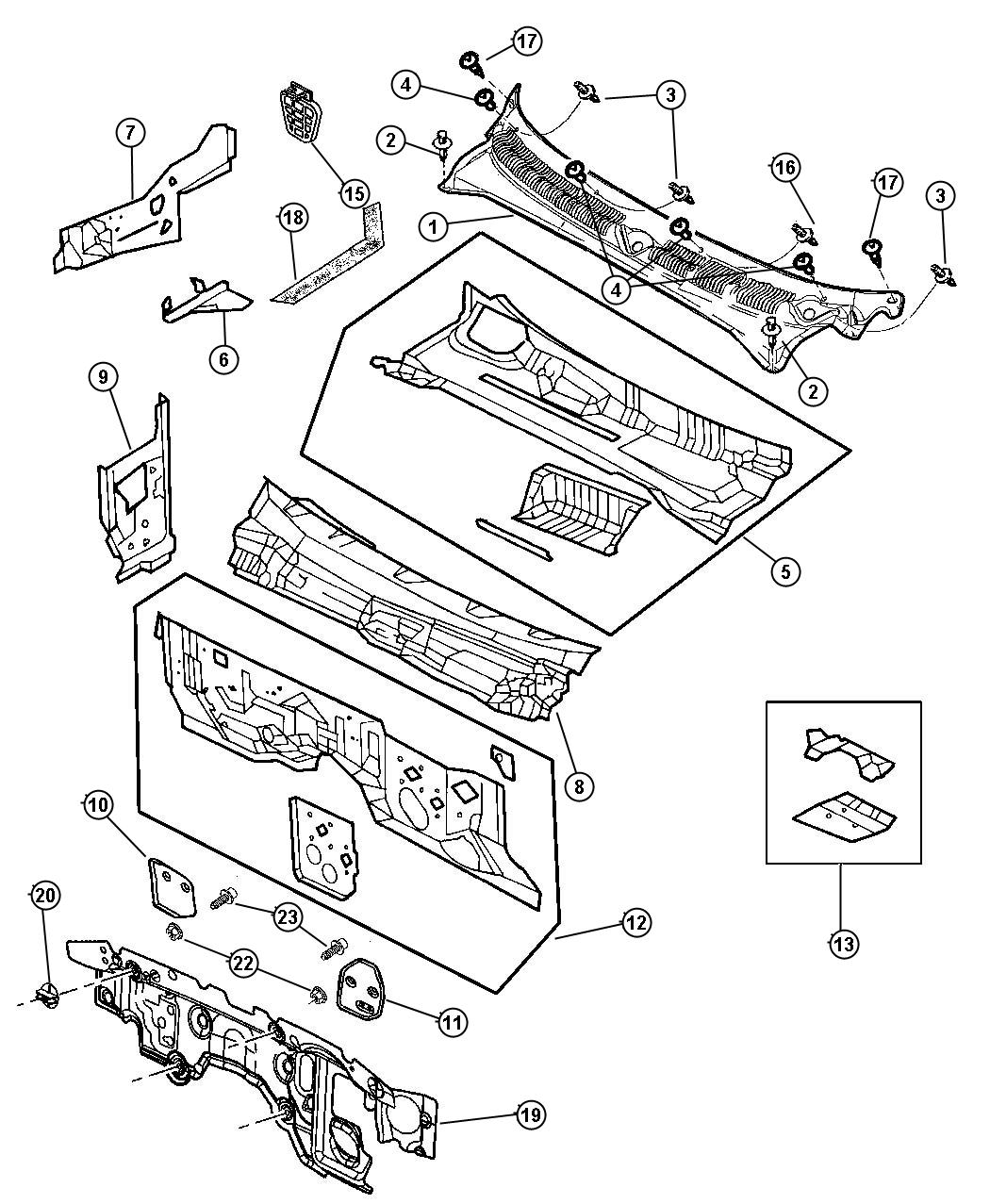 Diagram Cowl Screen And Shield. for your 2000 Chrysler 300  M 